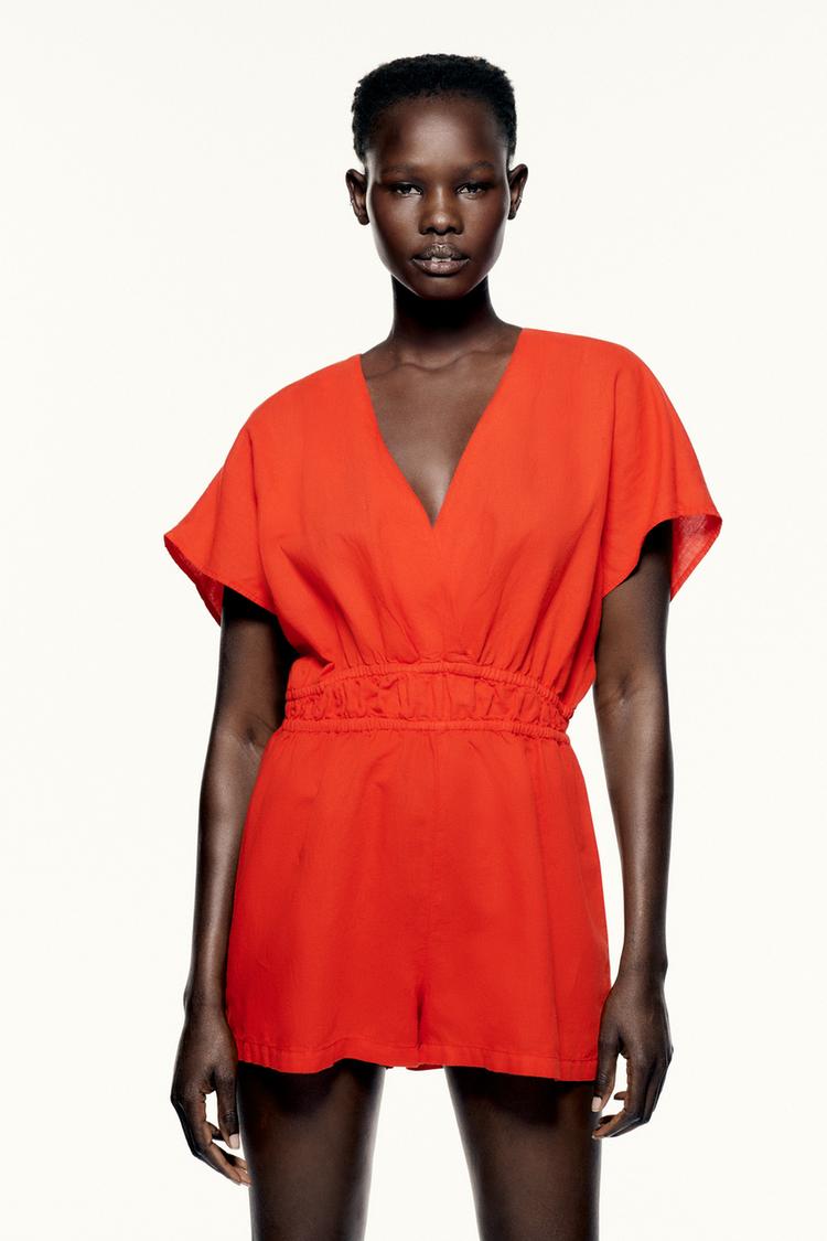 LINEN BLEND JUMPSUIT Red Coral ZARA United Kingdom